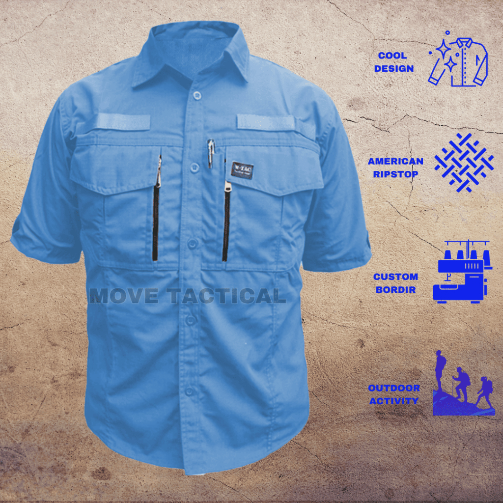 Kemeja Tactical W-tac Pendek Biru Muda/Bahan American Ripstop / kemeja Tactical/Kemeja Lapangan/Keme