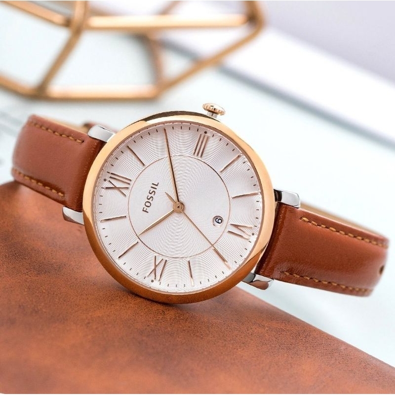 Jam Tangan Wanita ES3842 ES 3842 Jacqueline Silver Dial Brown Leather Original Garansi Resmi