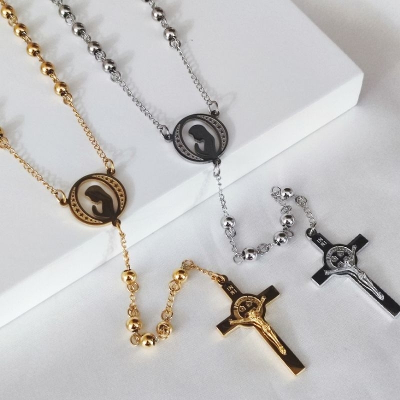 Kalung Rosario Bunda Maria Emas Hitam Silver Titanium