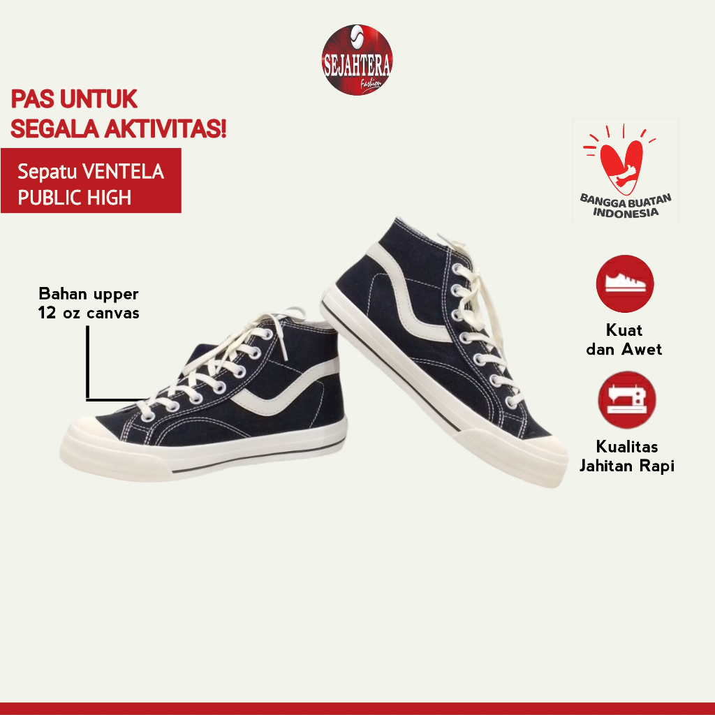 Sepatu VENTELA Public HC / High Cut / Tinggi Hitam Putih Sepatu Sekolah Kuliah Kerja