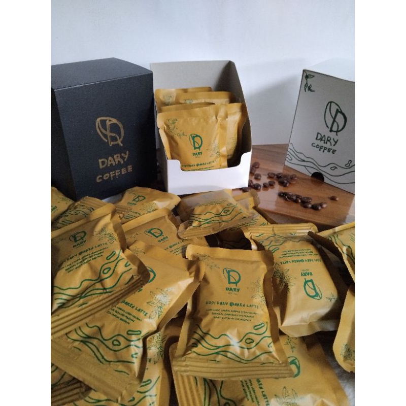 

Kopi Dary Aren Latte • Drip Bag Coffee Blend Arabica Robusta with Milk and Palm Sugar. 1 Box isi 10 Sachet