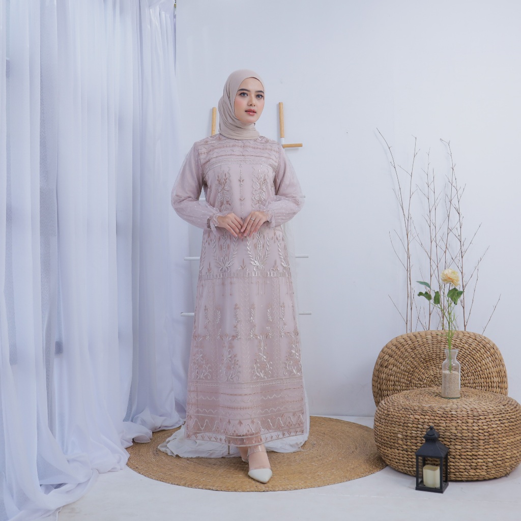 Diwangind - Caspia Dress / soft beige / gamis lebaran / dress brukat tille kekinian simple elegant