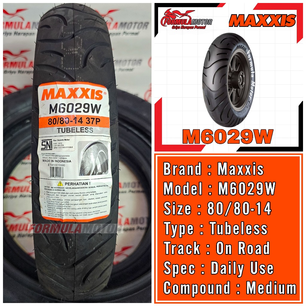 80/80-14 Maxxis M6029/M6029W Ring 14 Tubeless (Daily Use) Ban Depan Motor Matic Mio, Fino, Xeon, Spi