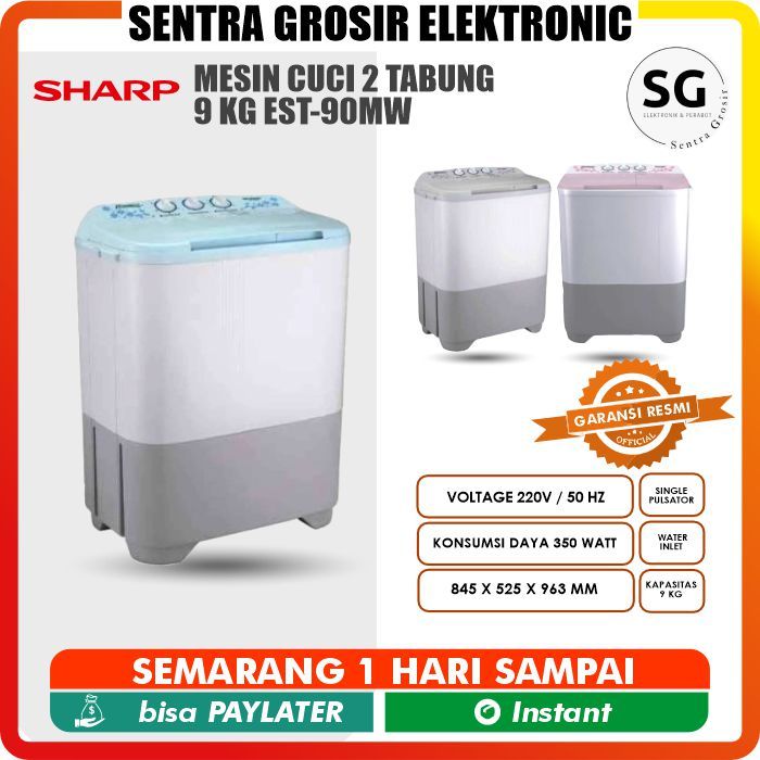 SHARP Mesin Cuci 2 Tabung 9 Kg EST-90MW low watt 9KG 2 TABUNG 90MW 9 KG PURE MAGIC LOW WATT