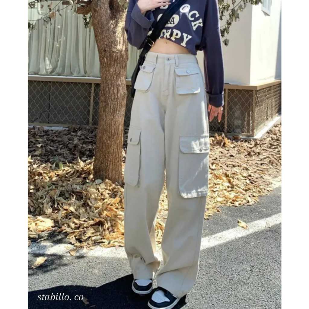 Celana cargo jeans korean stayl hight waist,celana cargo cewek kekinian,celana murah,celana cewek