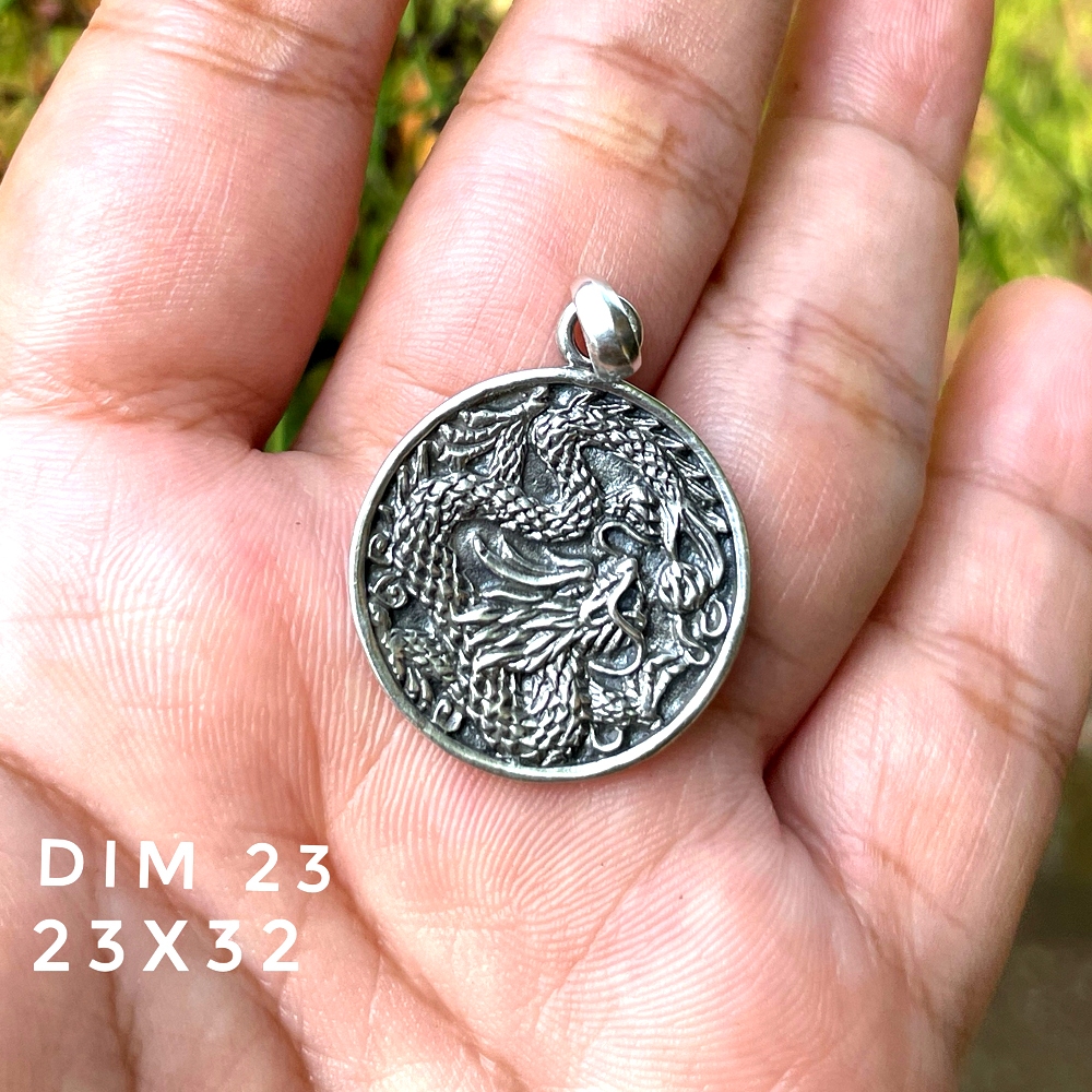 Liontin Mainan Kalung Pendant Perak Silver Bali Asli 925 Naga Dragon Bulat Pria Wanita Etnik Custom 