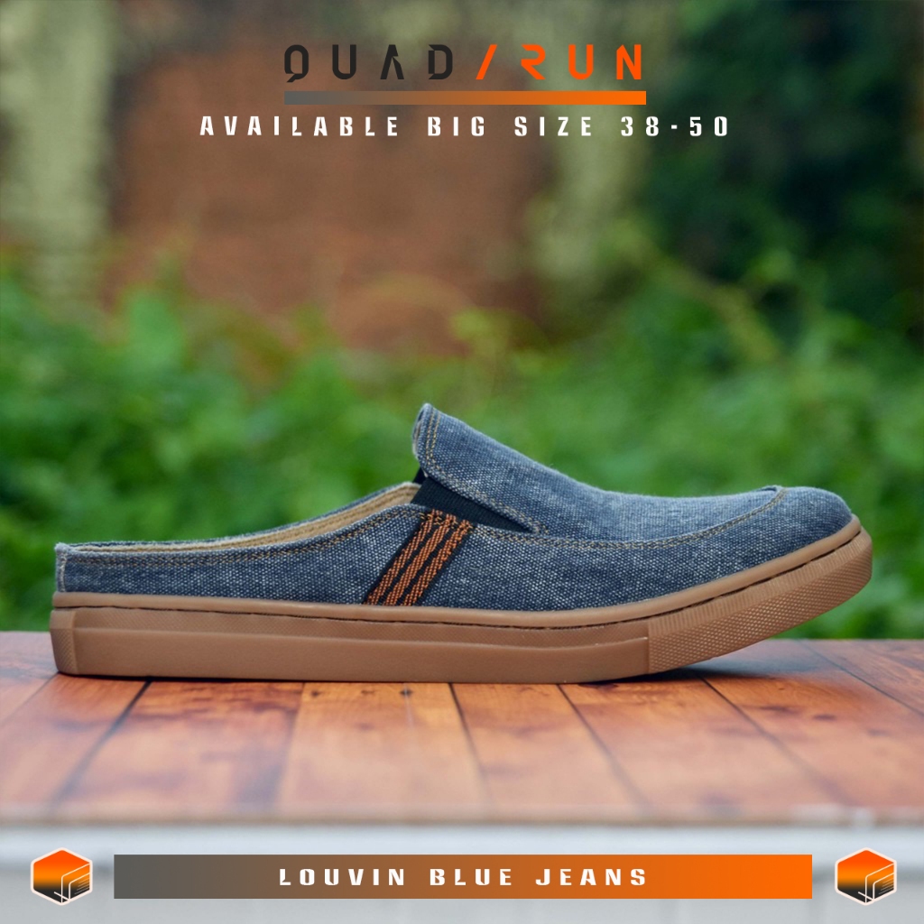 Quadrun Louvin Blue Denim Sepatu Denim Pria Mules Casual