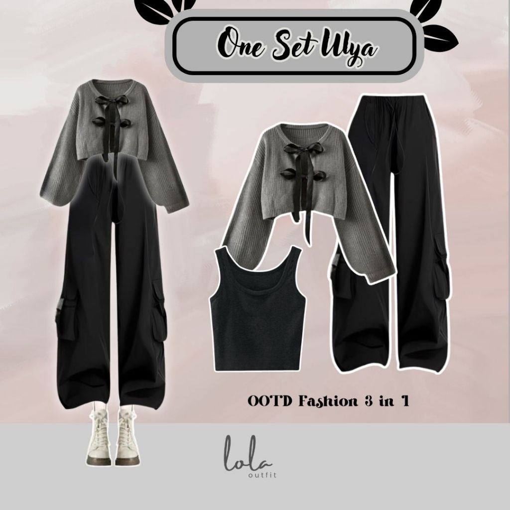 One Set ULYA  (Tanktop, Cardigan, Celana) One Set Wanita Celana OOTD Cardigan Pita Premium Setelan W