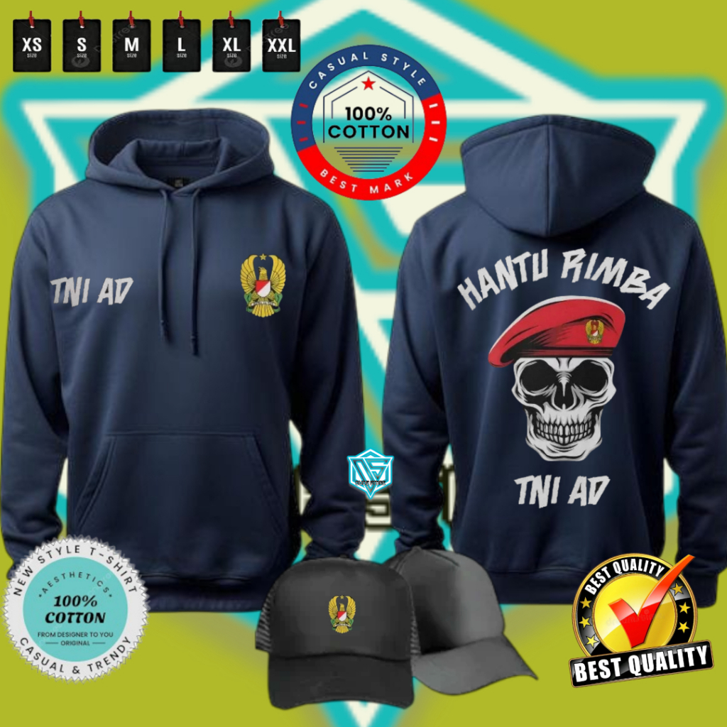 HOODIE JUMPER TNI AD HANTU RIMBA KEREN BAHAN ADEM KATUN FLEECE GRATIS TOPI TRUCKER HITAM