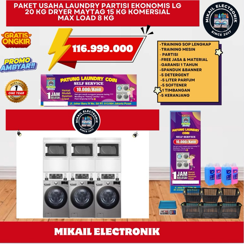 Paket Usaha Laundry Koin dryer Maytag Mesin cuci lg 20 KG dengan Max Load 8 Kg