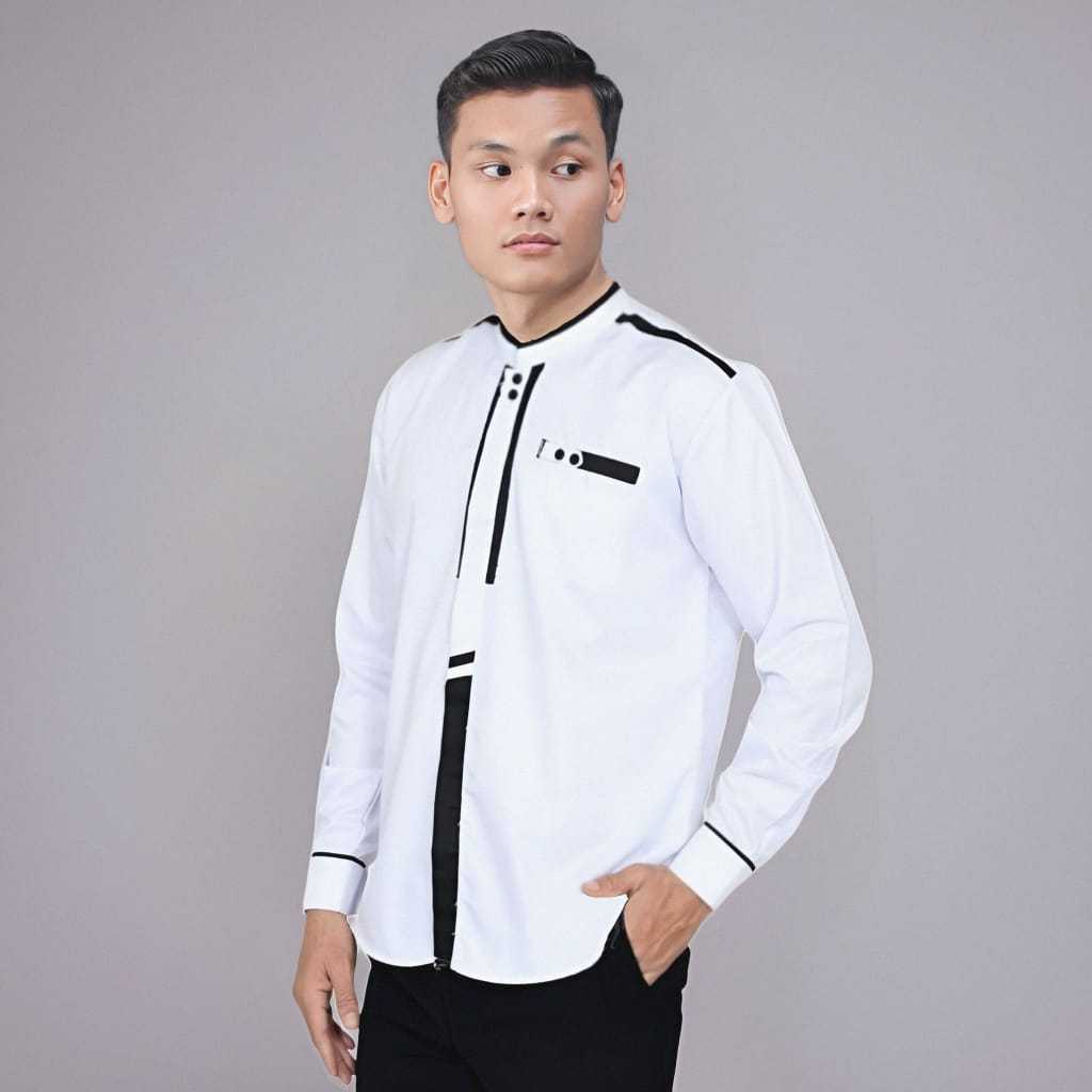 Baju Koko Pria El Rumi Lengan Panjang Motif Katulistiwa Warna Putih