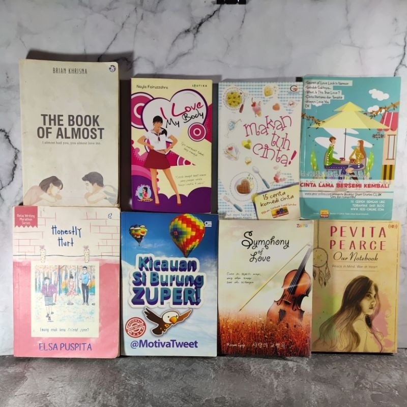 Buku / Novel The Book Of Almost, I Love My Body, Makan tuh cinta, Cinta Lama Bersemi Kembali, Kicaua