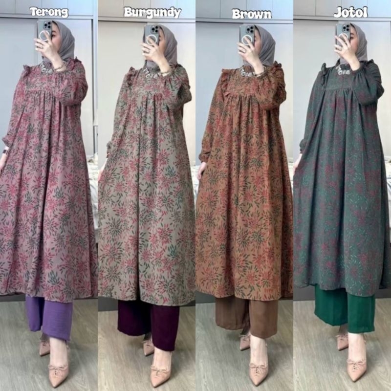 Anjelyn set tunik Ceruty babydol full puring- furing bahan hyget kaos melar-allsize ld 110 rufel dad