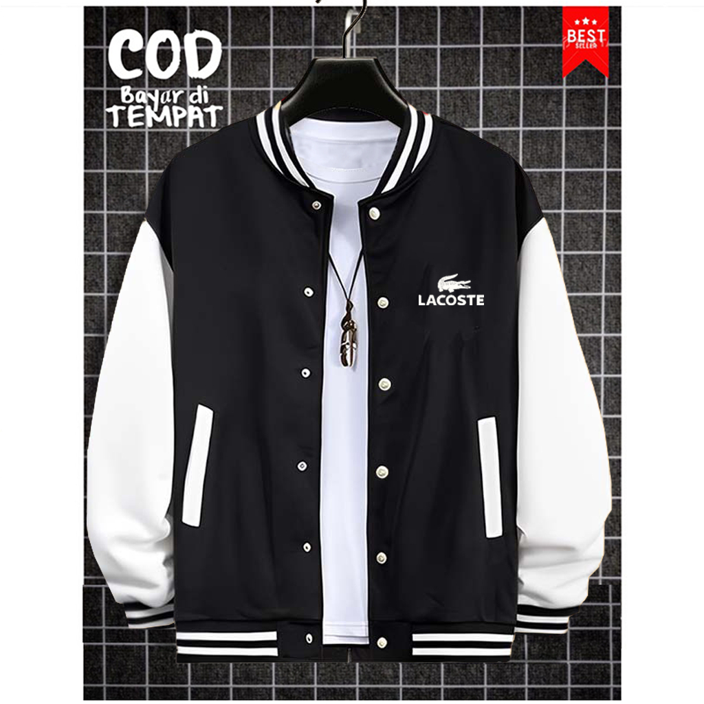 Cod Sweater Jaket Baseball Varsity Kancing Lacoste Putih Quality Premium / Baseball Distro Pria Wani