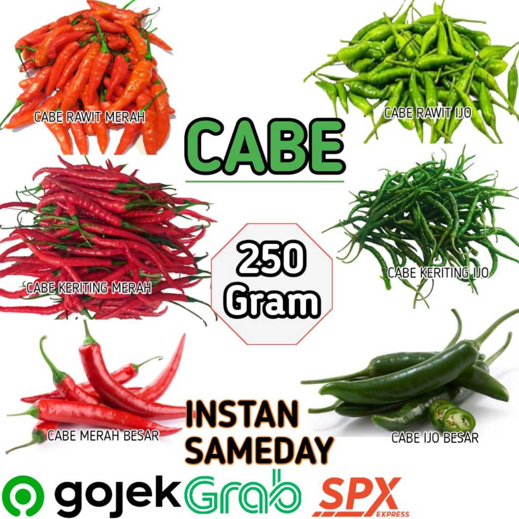 

[250 GRAM] Cabe Pedas Rawit Merah - Cabe Pedas Rawit Ijo - Cabe Keriting Merah - Cabe Kerijting Ijo