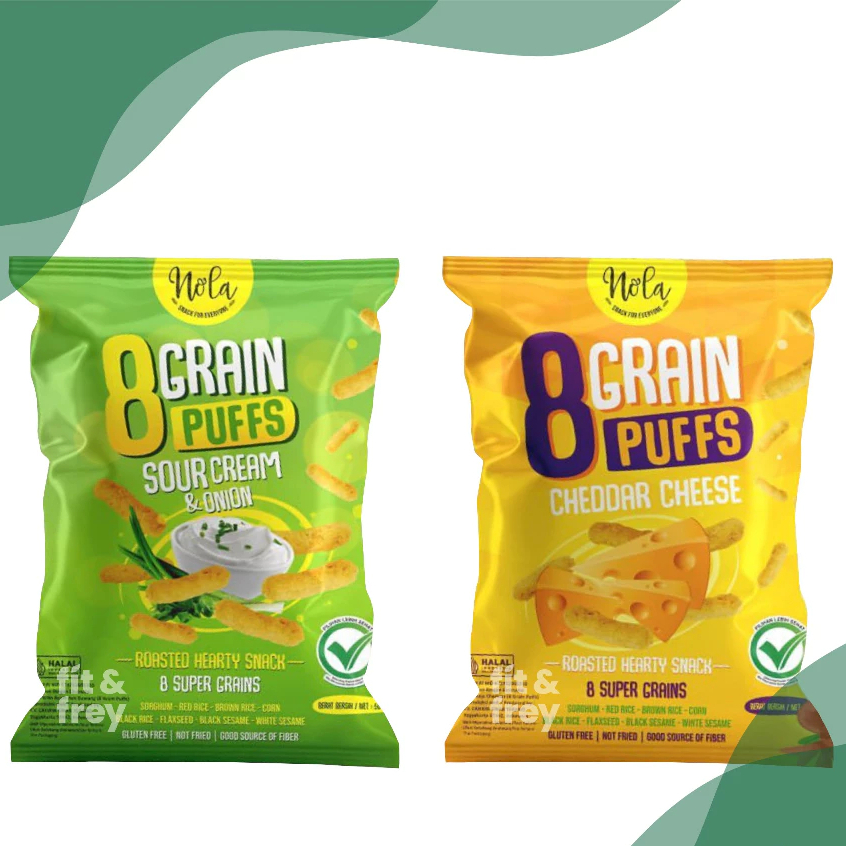 

NOLA 8 Grain Puffs 50g - Snack Sehat - Bebas Gluten - Sour Cream Onion / Cheddar Cheese - Rasa Keju