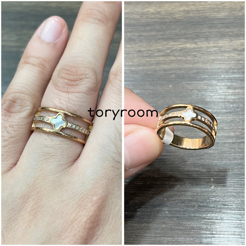 Cincin titanium 3 baris lis diamond logo vc clover kerang putih