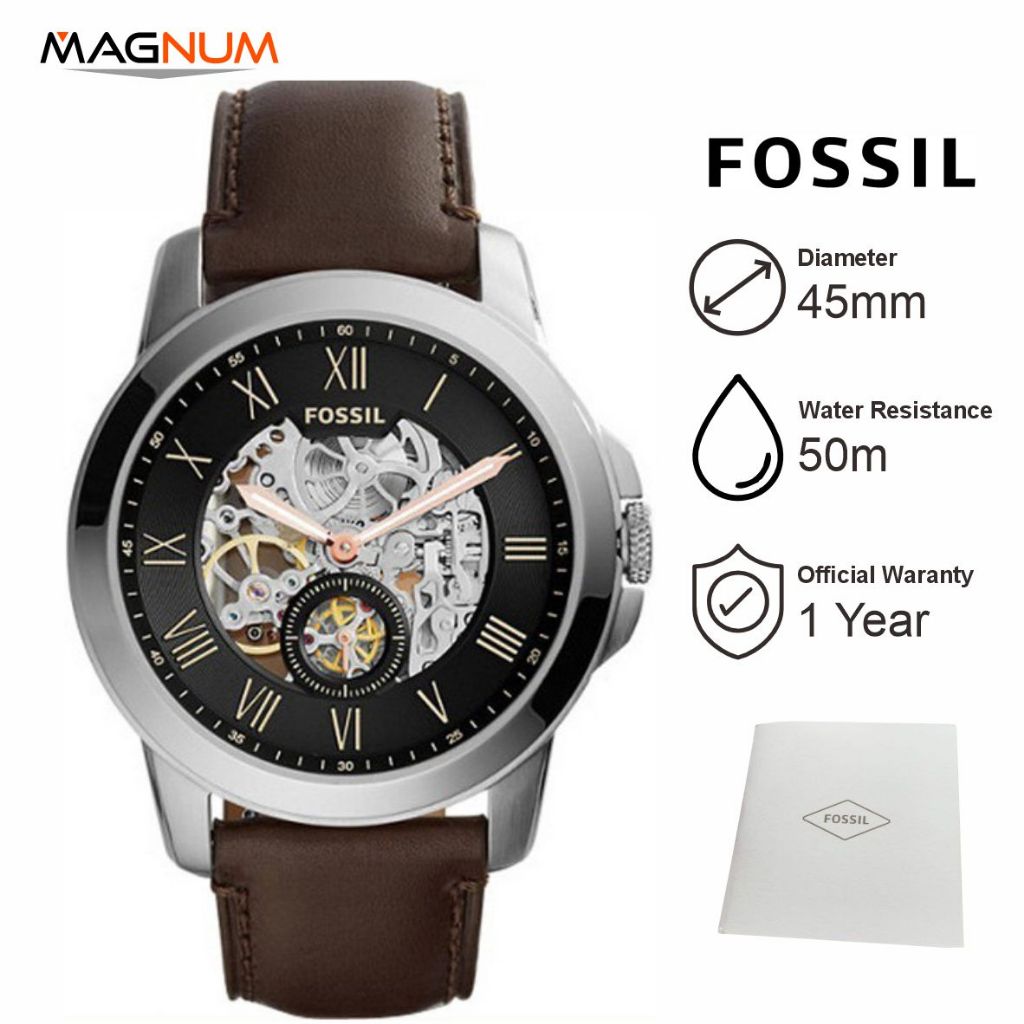 Jam Tangan Pria Fos sil Grant ME3095 Man Automatic Black Dial Brown Leather Strap