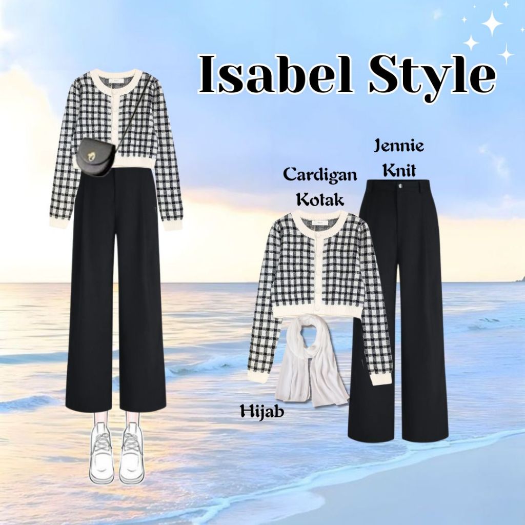 One Set Korean Style ( Cardigan Kotak + Jennie Knit + Hijab ) Isabel OOTD Kekinian