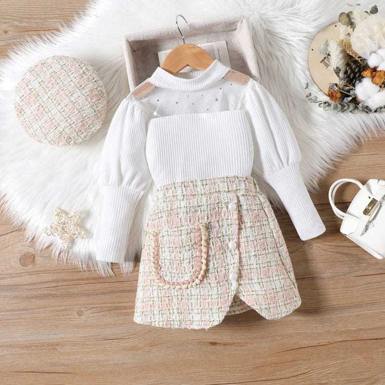KALUNA GIRL SET Baju Anak Perempuan 3 in 1 Atasan Lengan Panjang Rok Tweed Pendek Topi Tweed Fashion