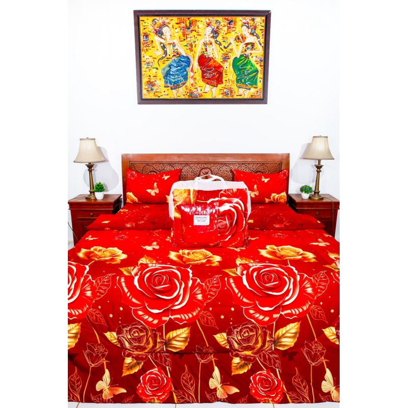 BEDCOVER SET SPREI UK SINGLE BUNGA MERAH