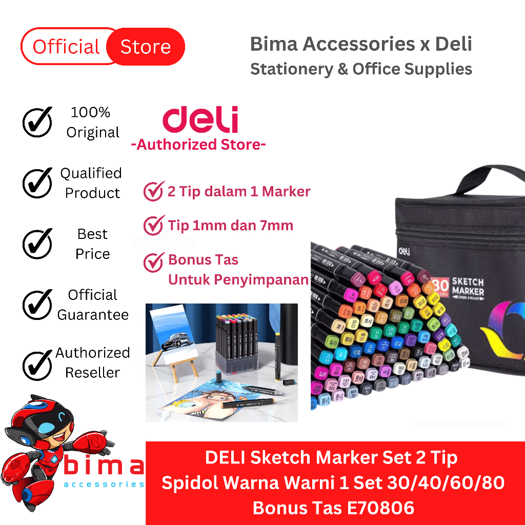 

DELI Spidol Warna Warni Sketch Marker Permanen Set 2 Tip 1 Set 30 40 60 80 Warna Bonus Tas E70806