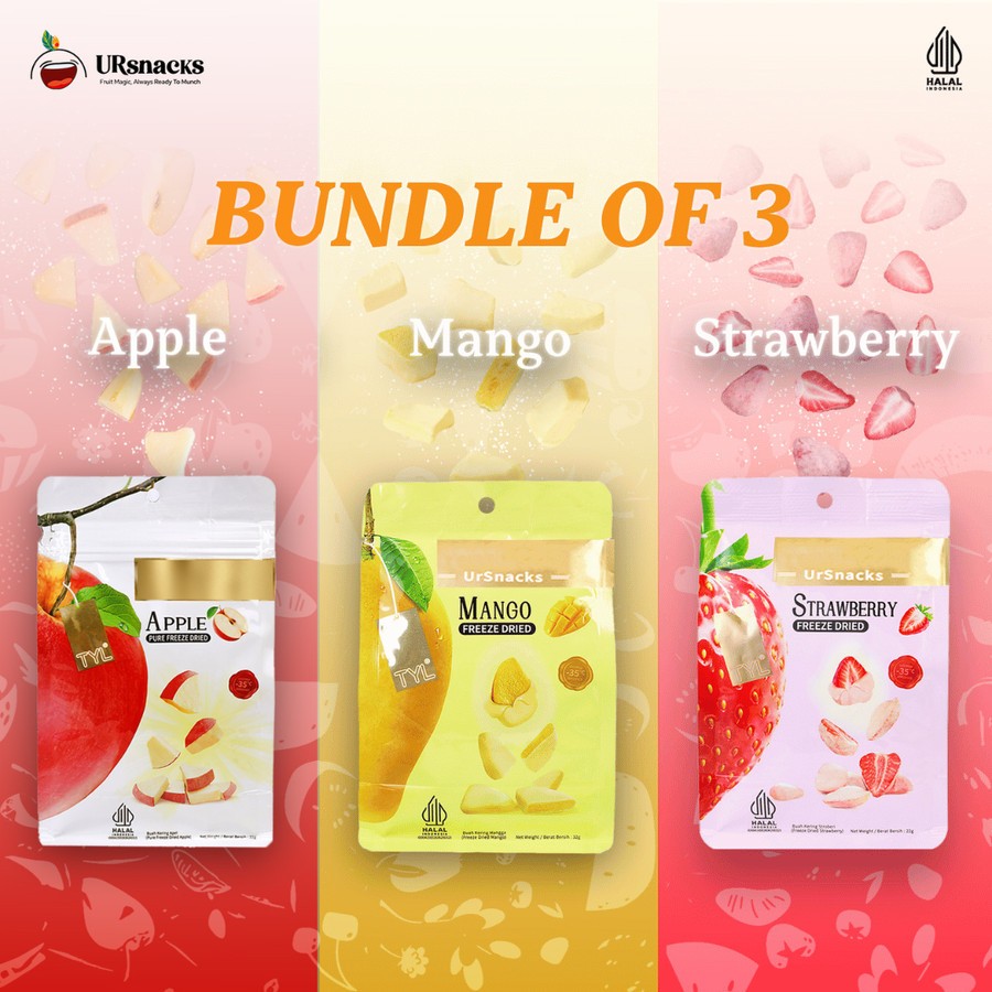 

URSNACKS Bundle Of 3 - Freeze Dried Keripik Buah Asli Rasa Strawberry + Mangga + Apel - Halal BPOM Ready To Eat