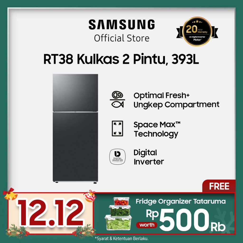 Samsung Kulkas 2 Pintu dengan Ungkep Compartment, Spacemax dan Digital Inverter 393L- RT38CG6420B1SE