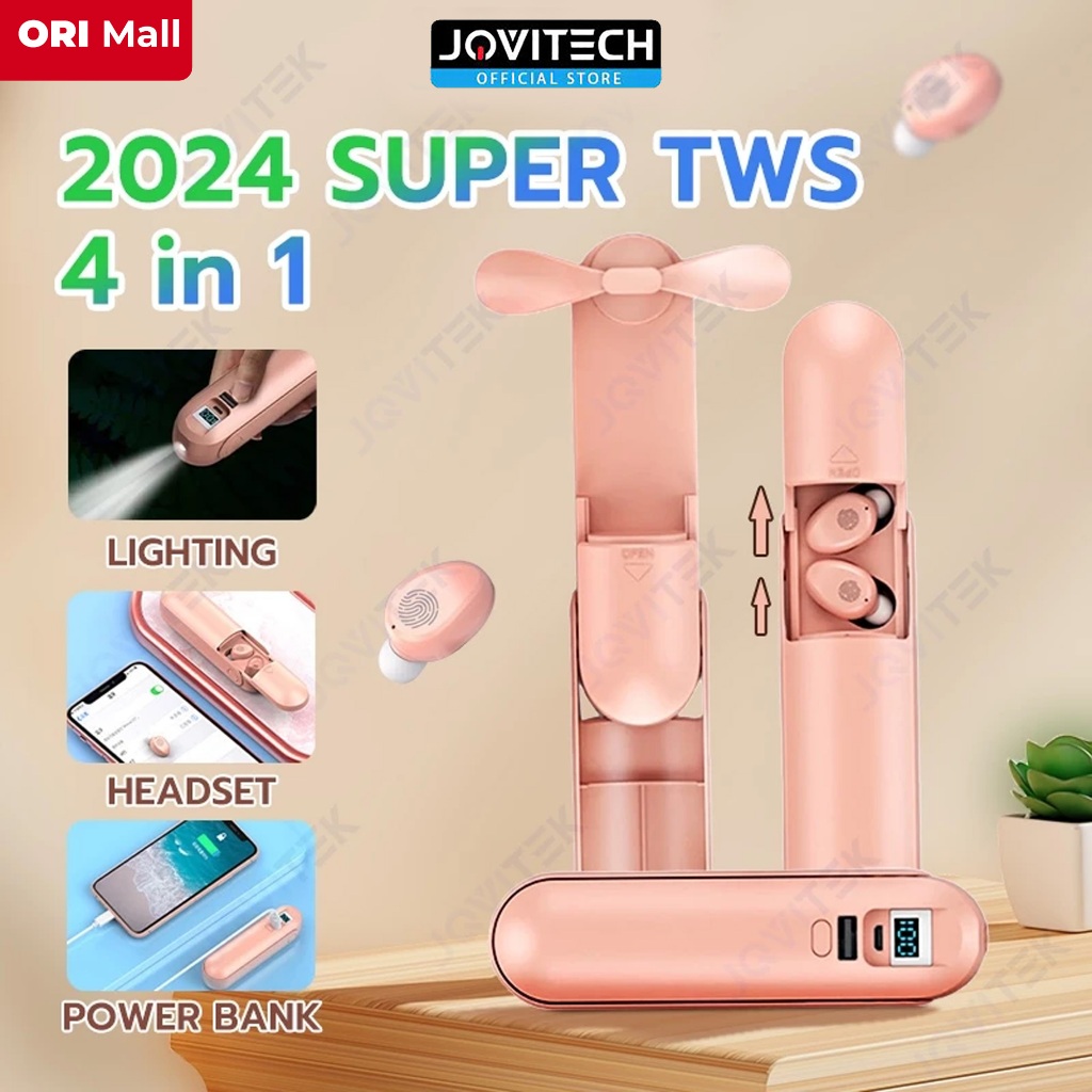 Jovitech Headset LED Kipas Powerbank 4 In 1 Wireless Earphone Mini Fan Flashlight Powerbank - T64