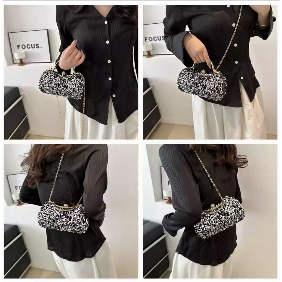 TAS FASHION WANITA TAS PESTA KONDANGAN ACARA FORMAL TF8584 CLUTCH GLITTER BAG TALI RANTAI PREMIUM HA