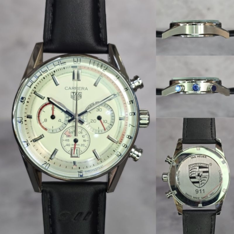 TAG HEUER CARRERA PORSCHE SILVER LEATHER STRAP JAPAN QUARTZ