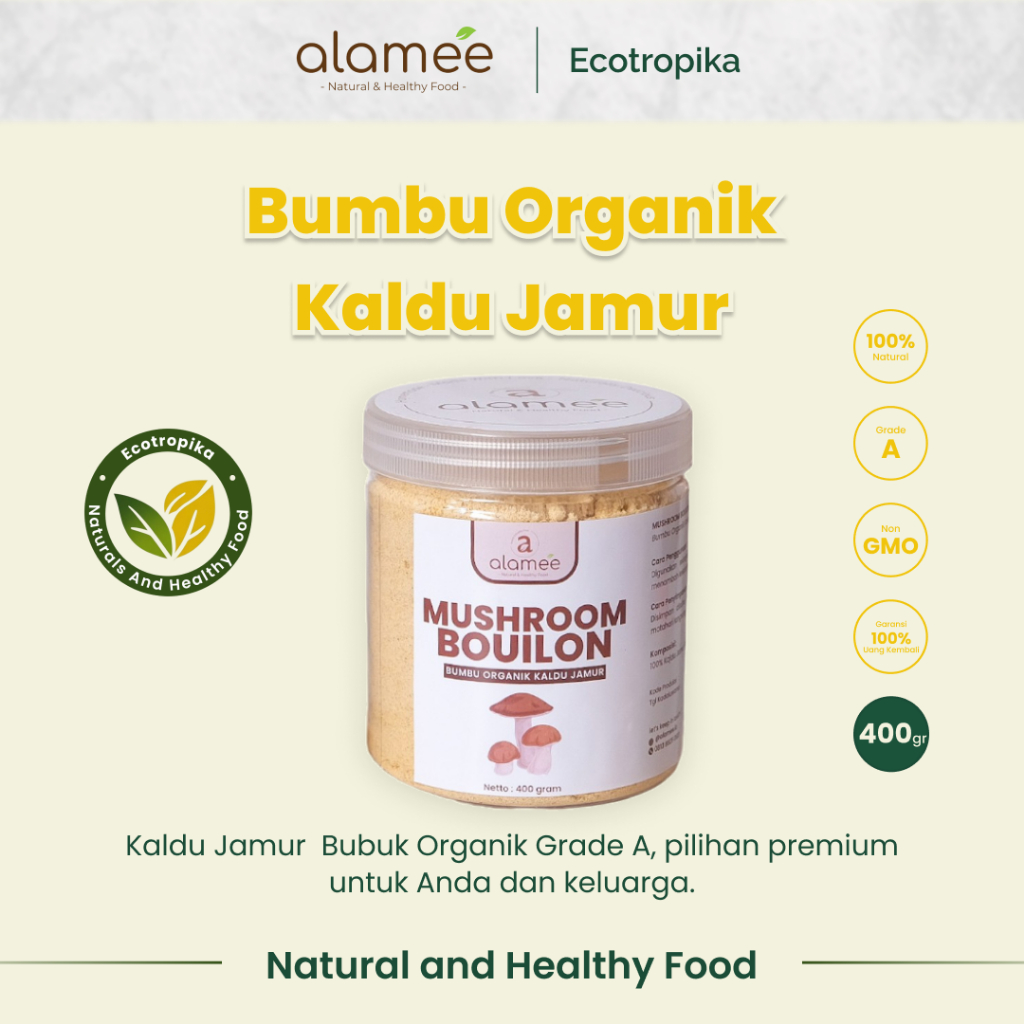 

Kaldu Jamur Bubuk NON MSG Bumbu Dapur Organik Praktis Mushroom Powder Bouilon Penyedap Rasa 400 gram