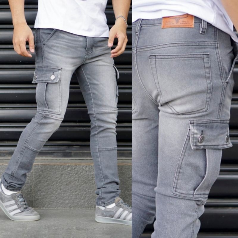 CELANA JEANS COWOK MODEL CARGO SAKU ADA 6, BELAKANG DEPAN SAMPING /JEANS COWOK CARGO SLIMFIT