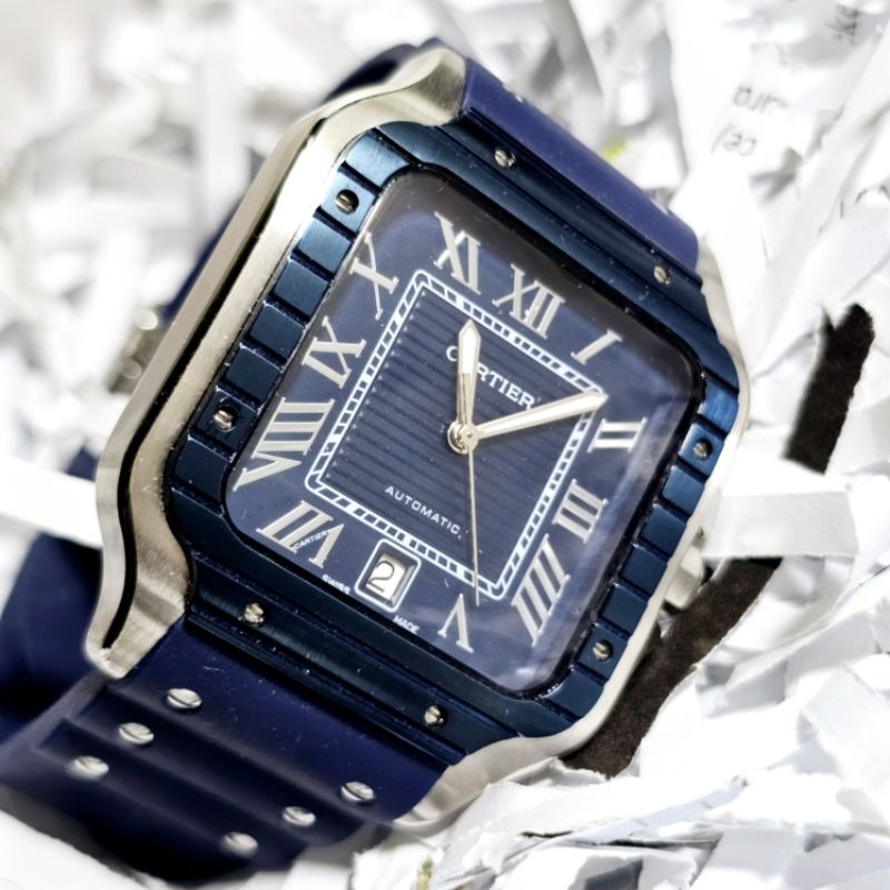 Cartier*Santos Square Rubber Blue, Ori Jam Tangan Automatic