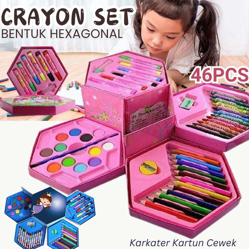 

Crayon Set Karakter 46PCS Box Hexagonal Motif Cewek Portable Pensil Warna Spidol Gambar Mewarnai Krayon Motif Cover RANDOM