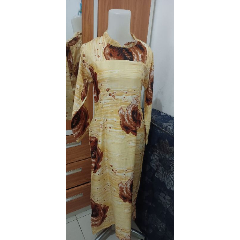 pl Gamis satin kuning motif abstrak Cantik