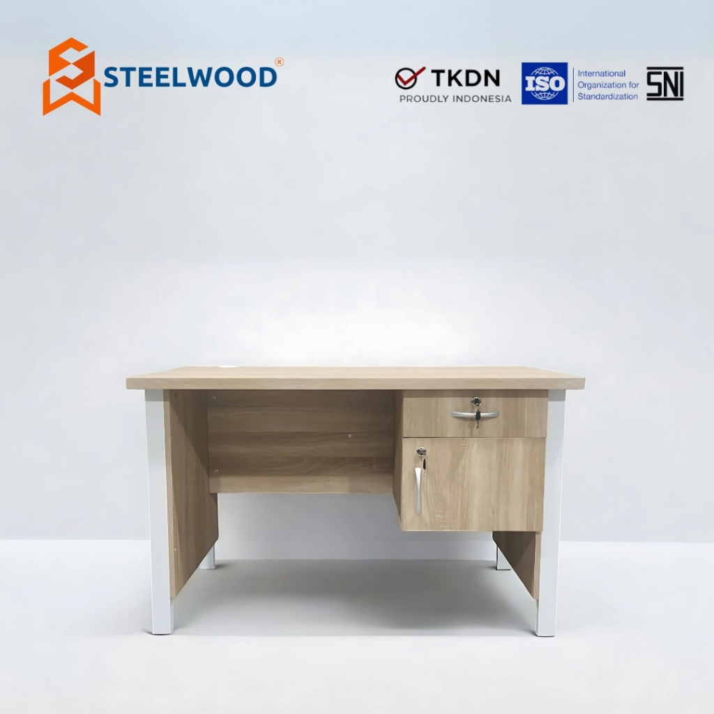 STEELWOOD || MEJA KANTOR KAKI BESI1/2 BIRO 1 LACI 1 LOCKER LIGHT SONOMA / MEJA KERJA MINIMALIS / MEJ