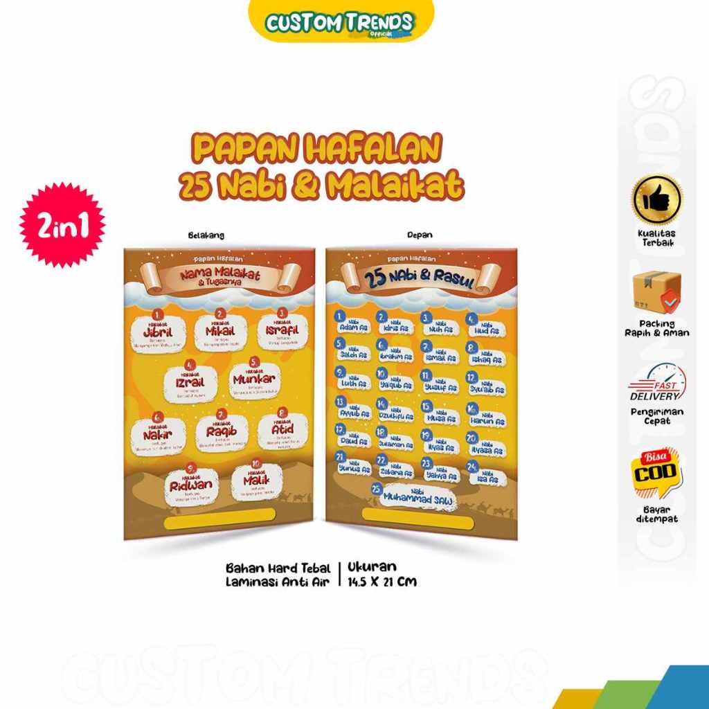 

Papan Hafalan 25 Nabi & Malaikat Bahan Hard Tebal Laminasi Anti Air Ukuran 14,5 x 21 cm Varian Warna