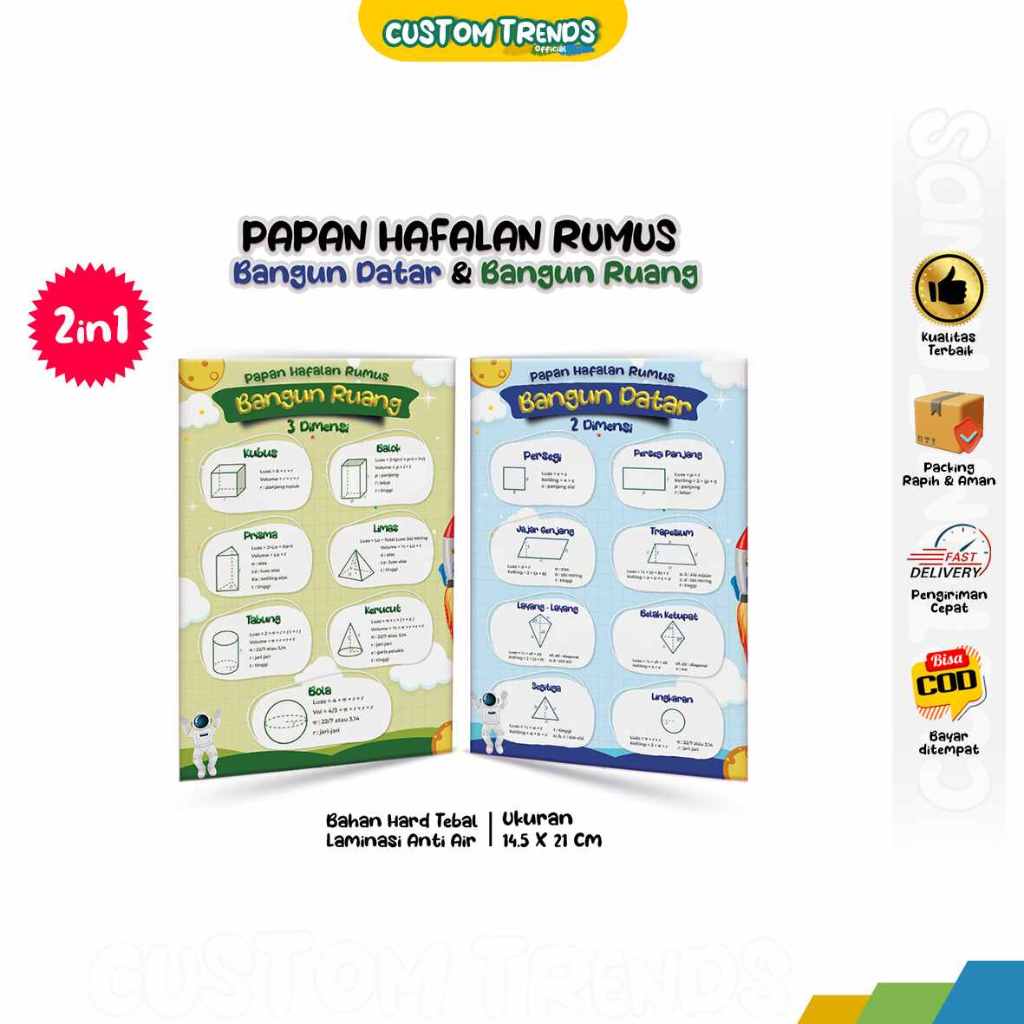 

Papan Hafalan Rumus Bangun Datar & Bangun Ruang Bahan Hard Tebal Laminasi Anti Air 14,5 x 21 cm, Dua Warna Depan Belakang Varian Warna