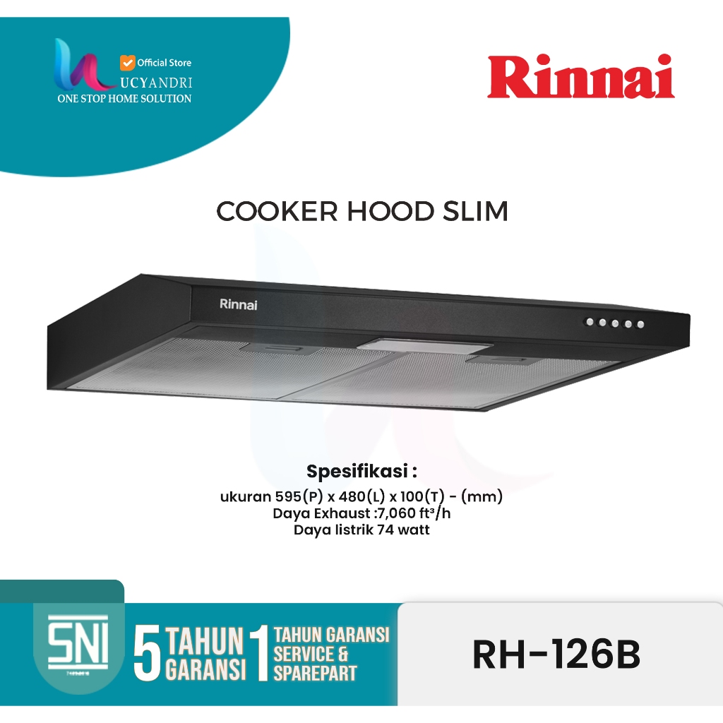 Cooker Hood Rinnai RH-126B | Penyedot Asap Dapur Slim | Hisap Asap Efisien | Hemat Listrik