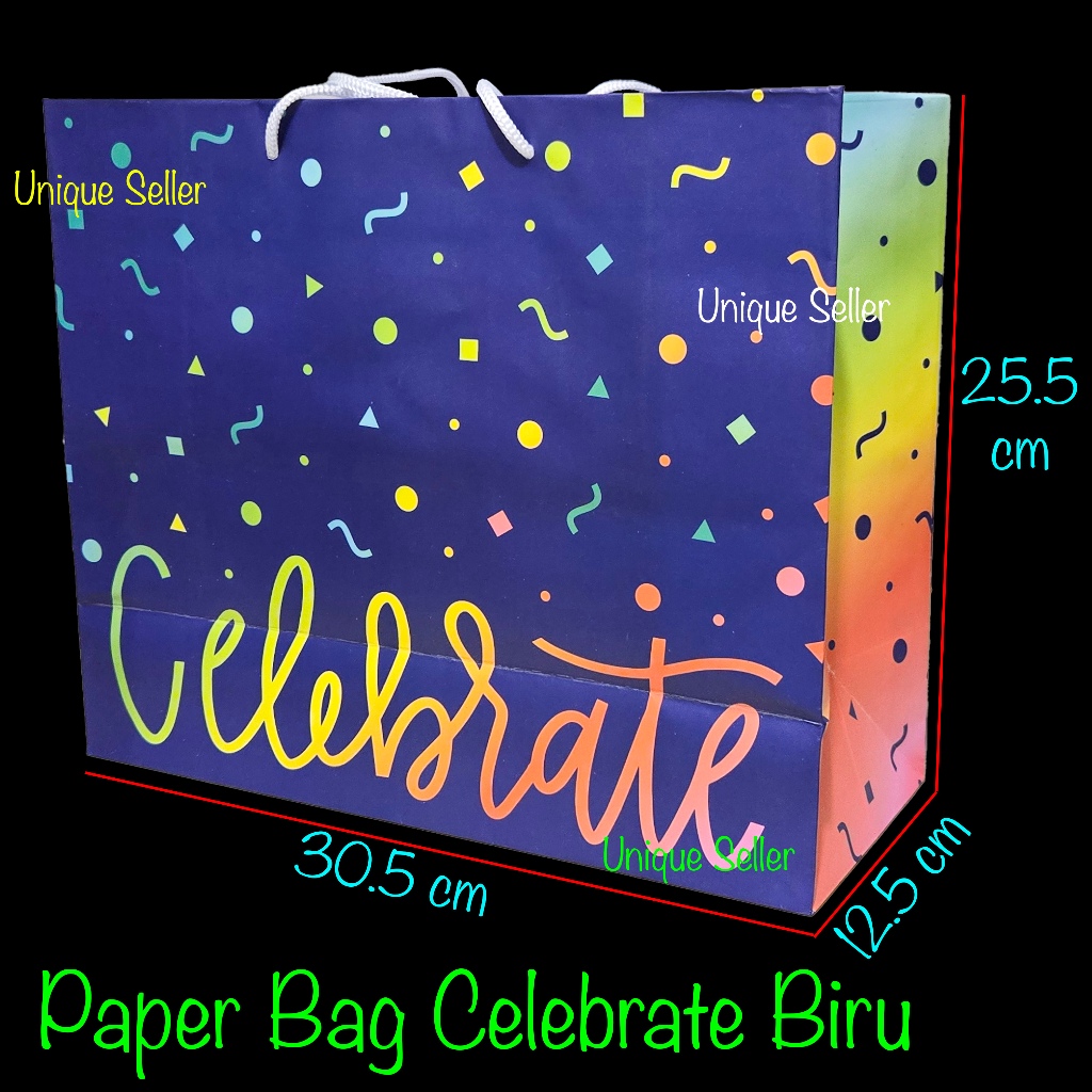 

Paper Bag Goodie Hand Bag Tas Kertas Kado Souvenir Hadiah Acara Ulang Tahun Ultah Celebrate Biru 30.5x20.5x25.5 cm / Tas Hadiah Kado Souvenir Acara Ulang Tahun Ultah Celebrate Biru / Tas Kertas Tali Paper Bag Tali Acara Ultah Ulang Tahun Celebrate Biru