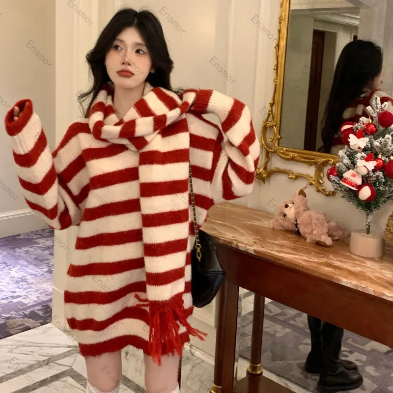 [Enamor] Kaos Knit Pola Garis-garis Wanita Kemaman Musim Gugur/Dingin Tampilan Longgar yang Elegan