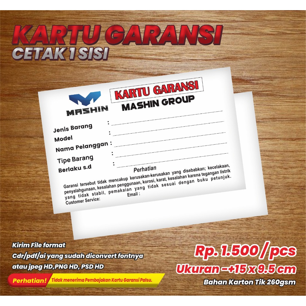 

Cetak Kartu Garansi Bahan Karton Tik 260gsm Cetak 1 Sisi