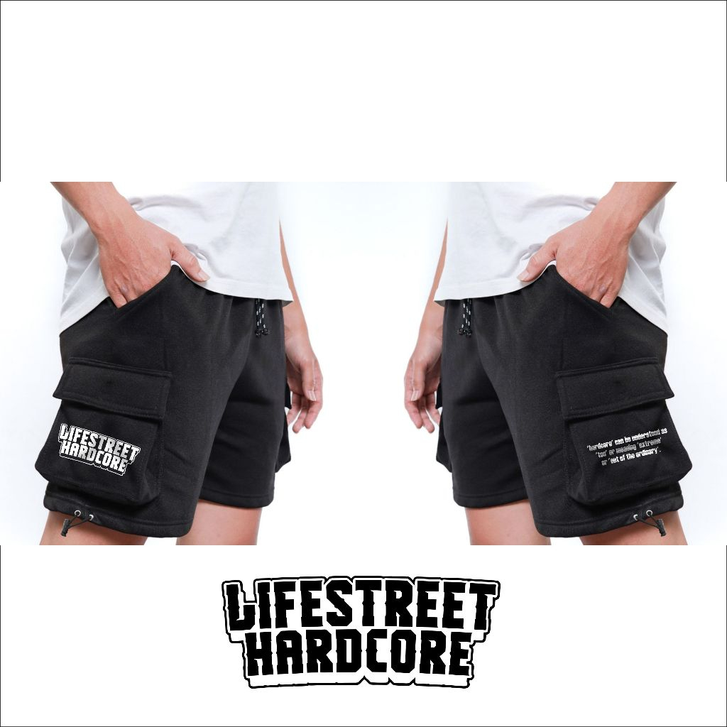 Celana Pendek Cargo Pria Distro Hardcore Dewasa Bahan Fleece Adem Murah Hitam
