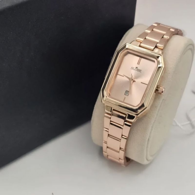 Jam tangan rantai wanita Slobe model minimalis octagonal dengan tanggal aktif (dapat kotak hitam)