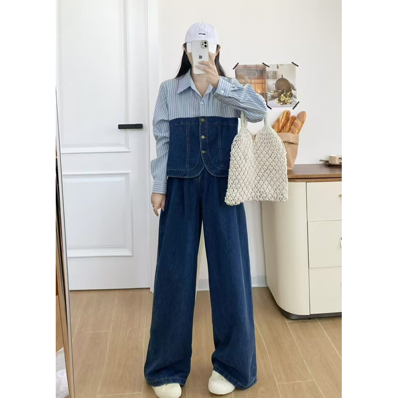 Nineties Studio - Set crop denim 2 warna & celana panjang / set jeans / set denim / jaket denim / ja