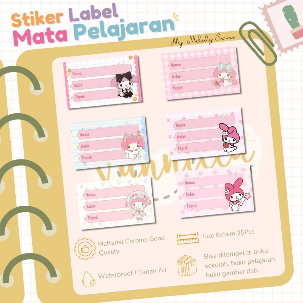 

30 PCS STIKER MATA PELAJARAN MY MELODY SANRIO STIKER LABEL NAMA SEKOLAH