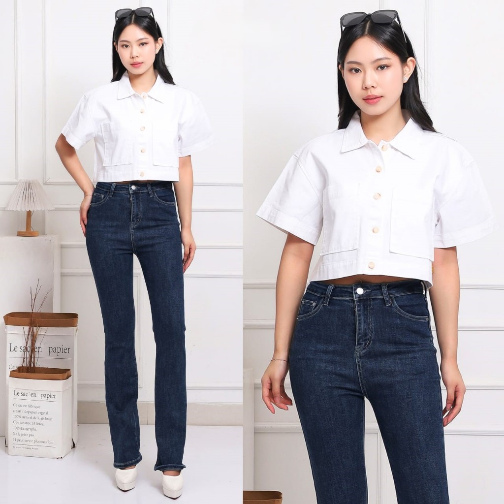 Kemeja Crop Top Jeans Denim Putih Wanita Atasan Levis Cewek Soft Jeans