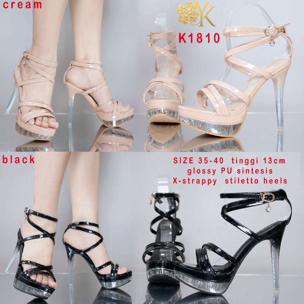 YKshoes 1810 heels 13cm xstrappy heels stiletto heels black cream heels sepatu hak tali wanita hak t