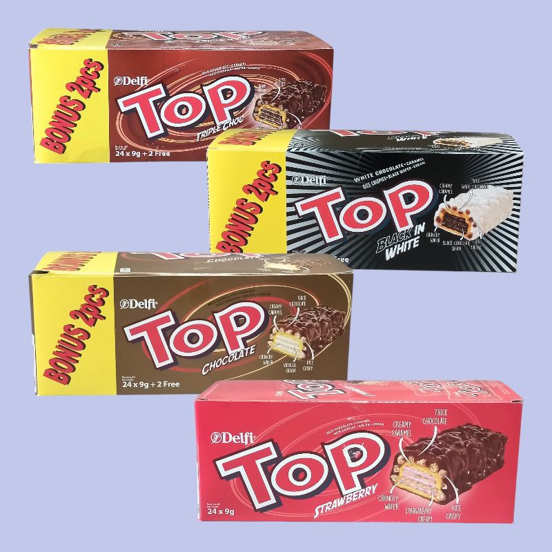 

Delfi TOP Chocolate, Triple Choc, Black in White, & Strawberry Wafer KAramel Aneka Rasa 9g [24pcs/box]